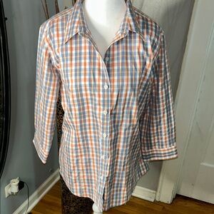 L.L. Bean Orange and Blue Plaid Button Down Shirt